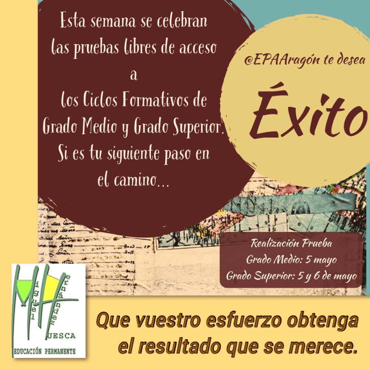 adultoshuesca's tweet photo. Deseamos a todo el alumnado que se ha preparado con nosotros que su esfuerzo se vea recompensado con unos #buenosresultados ✅
#Fueranervios y adelante. 
Que vaya muy bien. 

@epaaragon @fp_aragon @olgaalastruey @fpdualaragon @cpifppiramide https://t.co/9NAoWqCQb1