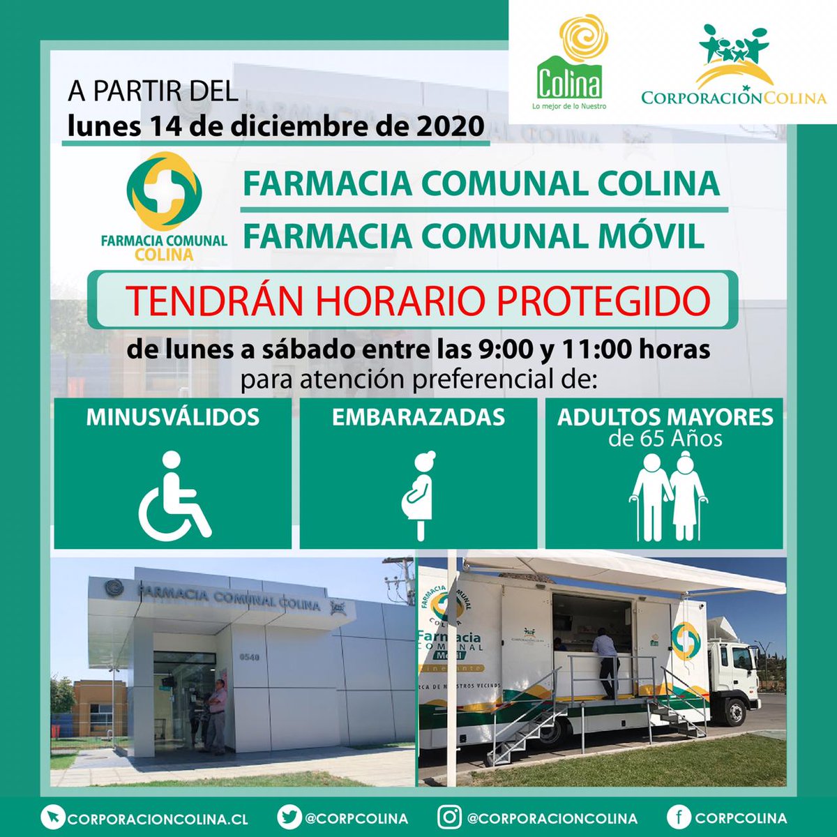 MuniColina's tweet image. #FarmaciaMovil
La Farmacia Móvil estará hasta las 13:30 h en Liray, y en la tarde en Santa Elena de 14:30 a 19:00 h.
- Para asistir debes contar con tu permiso obtenido en comisariavirtual.cl.
- La farmacia tiene horario preferencial de atención.
@mario_olavarria