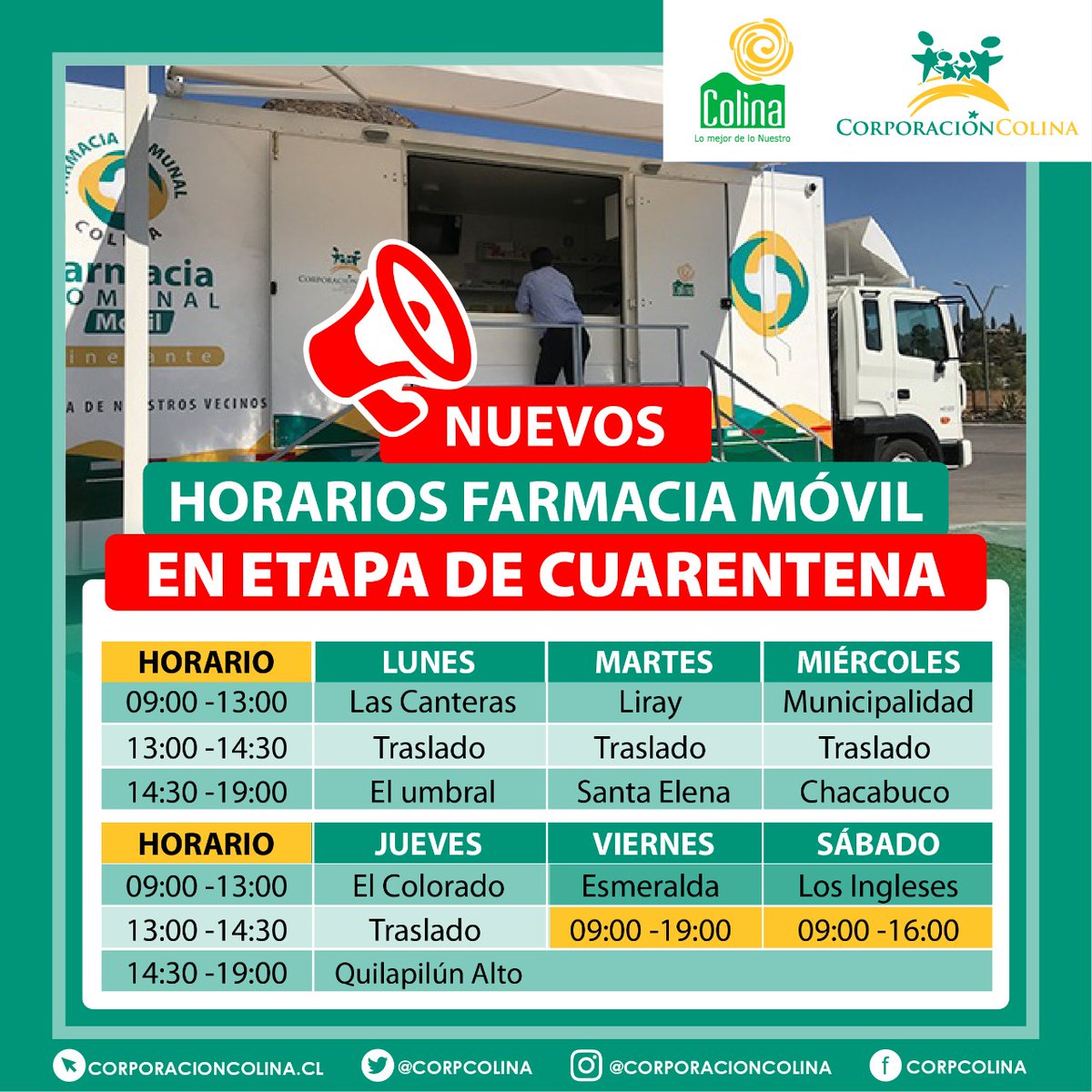 MuniColina's tweet image. #FarmaciaMovil
La Farmacia Móvil estará hasta las 13:30 h en Liray, y en la tarde en Santa Elena de 14:30 a 19:00 h.
- Para asistir debes contar con tu permiso obtenido en comisariavirtual.cl.
- La farmacia tiene horario preferencial de atención.
@mario_olavarria