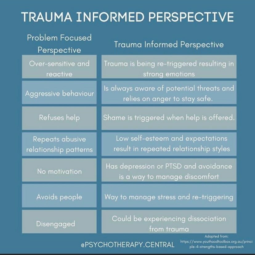 This illustrates how differently we perceive and understand behaviours if we are looking at it  through a trauma informed lense. 

#traumainformed #seebehindthebehaviour #whatneedisitmeeting #truamaware #traumaperspective #traumainformedlense