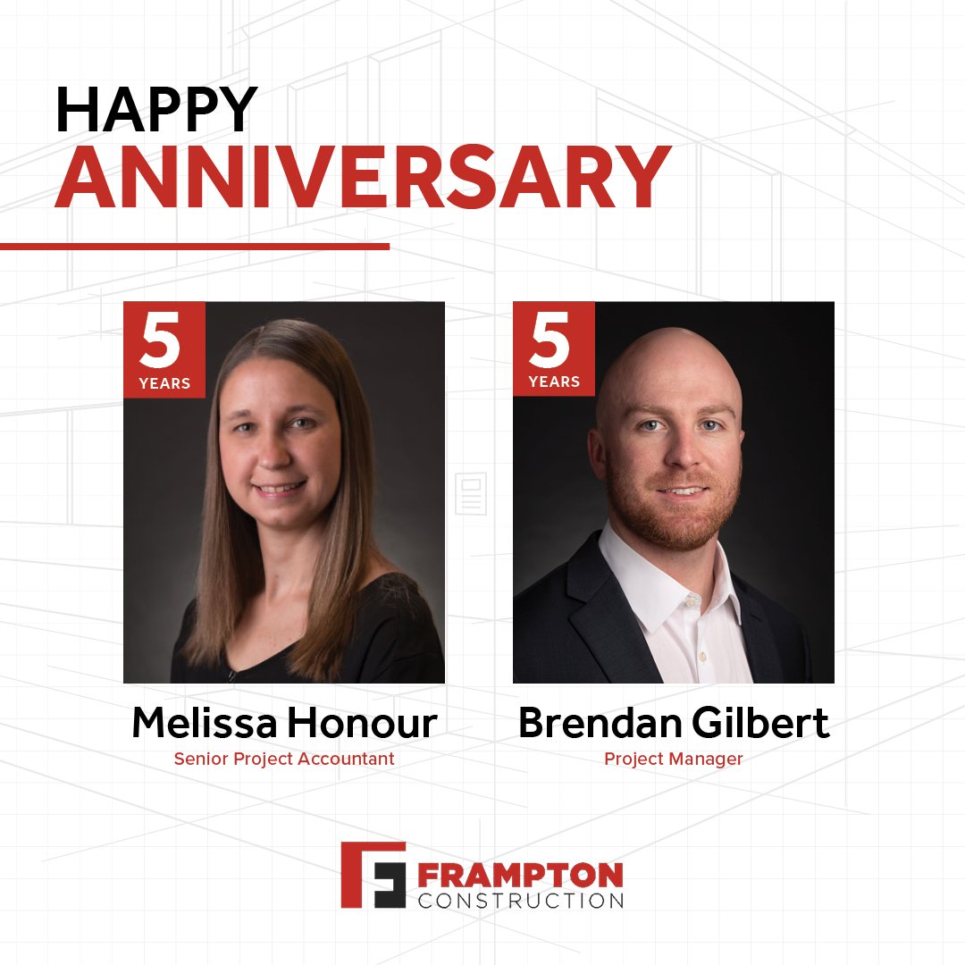 This month marks 5 years at Frampton for Melissa Honour and Brendan Gilbert. We're lucky to have you on the team and we thank you for your hard work and dedication!

#experiencethedifference #buildingthefuture #workanniversary #congrats #team #construction #charlestonsc #thankyou