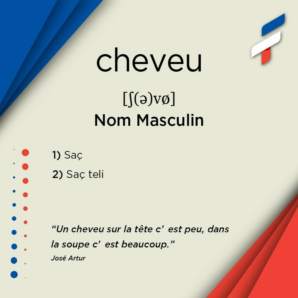 📚cheveu, nom masculin 🎙[ʃ(ə)vø]:
1️⃣ Saç
2️⃣ Saç teli
-
-
“Un cheveu sur la tête c’est peu, dans la soupe c’est beaucoup.”
José Artur
-
-
🔗Biodaki linke tıklayarak sözlüğümüzü indirebilirsiniz. 
🔗Vous pouvez télécharger notre dictionnaire en cliquant… instagr.am/p/COc7Lz5qnY_/