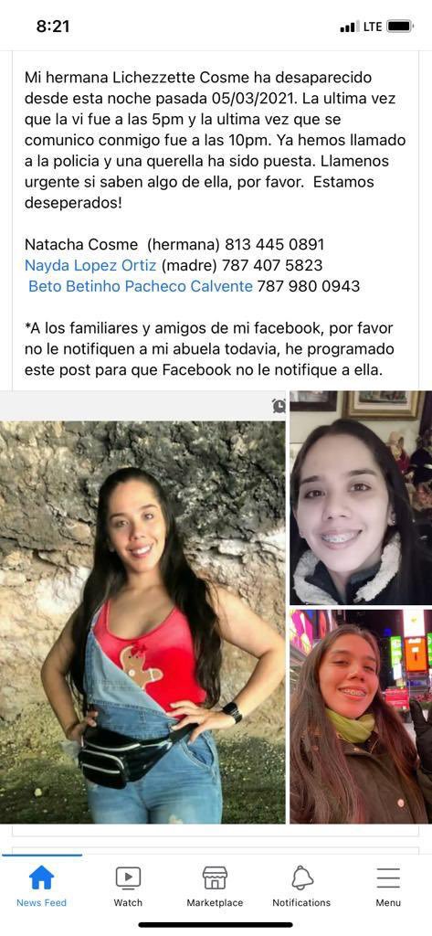 TorresGotay's tweet photo. La familia de Lichezette Cosme no sabe de ella desde el lunes por la noche. La Policía ha sido notificada de la desaparición. Si saben algo, cooperen https://t.co/Dm4lz35Z09