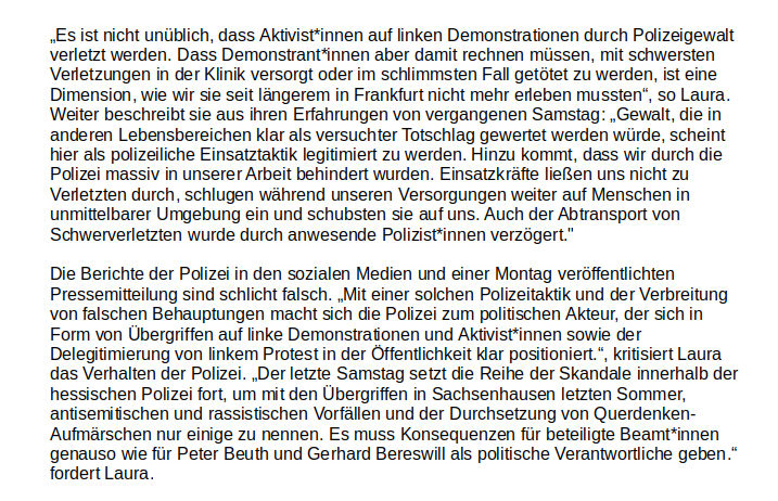 Unsere #Pressemitteilung zur 'Tag der Wut' Demonstration in #Frankfurt 'Gewalt, die in anderen Lebensbereichen klar als versuchter Totschlag gewertet werden würde, scheint hier als polizeiliche Einsatztaktik legitimiert zu werden' #ffm0105 #Polizeiproblem #Polizeigewalt