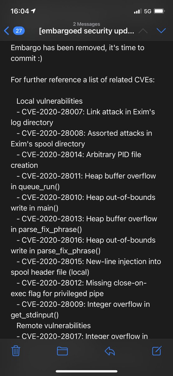The embargo on Exim vulnerabilities is over.