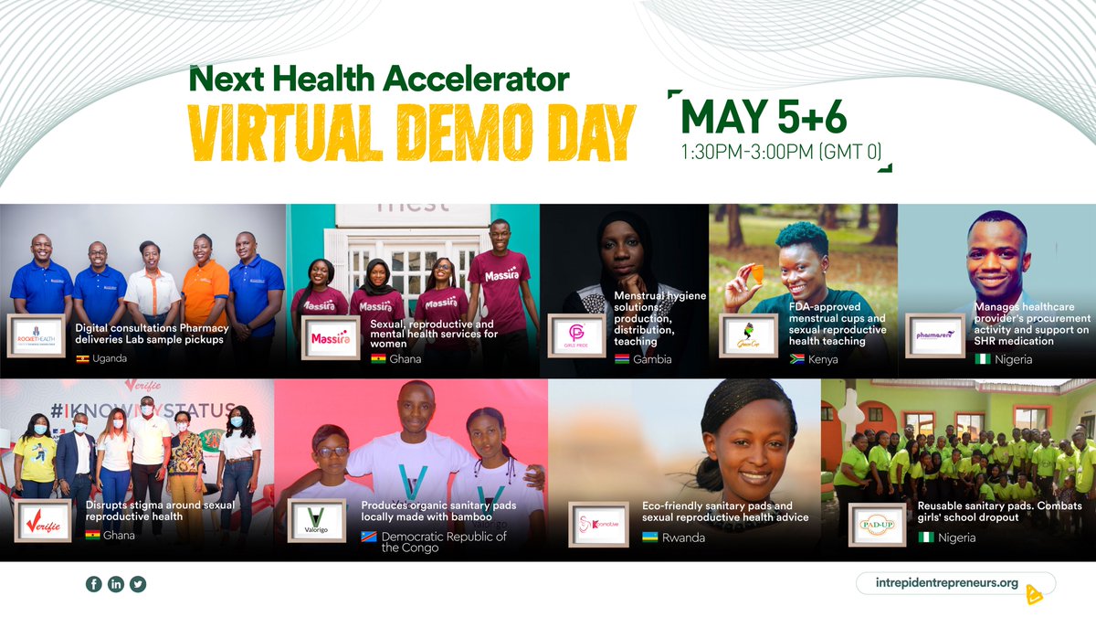 Would you like to learn more about #SRHR and #entrepreneurs? Join us for Demo Day Wednesday, May 5th &amp; Thursday, May 6th from 1:30pm to 3pm (GMT 0).

🌍 9 #startups in Africa
👩 #femalefounders or co-led

REGISTER here
May 5: cutt.ly/gbcBQG5
May 6: cutt.ly/lbcBRgY