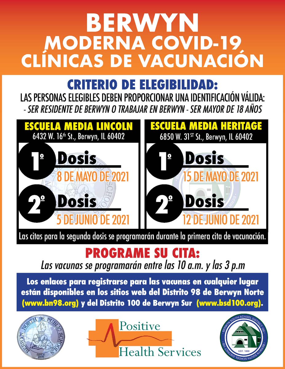 Moderna Covid-19 Vaccination Clinics
Moderna Covid-19 clínicas de vacunación
<a href="/BerwynSouth100/">Berwyn South District 100</a> <a href="/berwyn98/">Berwyn North 98</a>