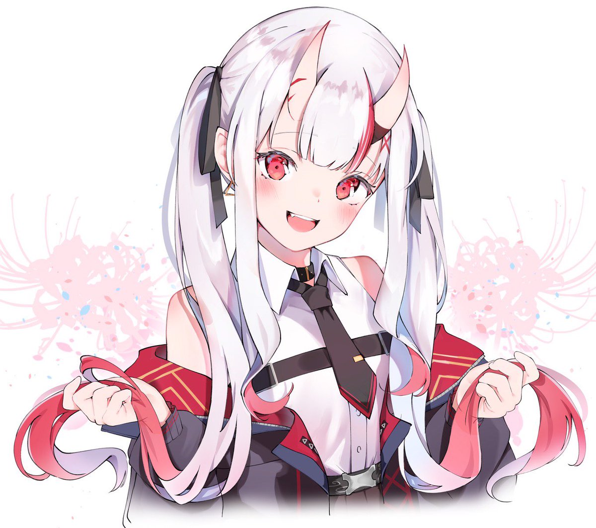 nakiri ayame 1girl solo horns spider lily red eyes twintails oni horns  illustration images