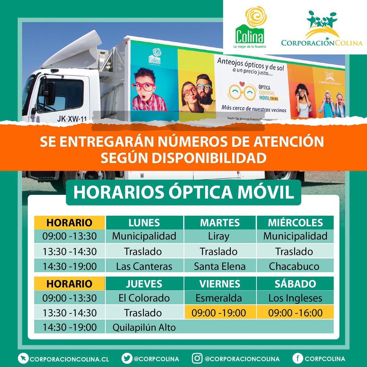 MuniColina's tweet image. #OpticaMovil
@CorpColinaSalud informa horarios y lugares de la comuna en los que está durante la semana la Óptica Comunal Móvil, con su servicio de consulta oftalmológica y compra de anteojos.
Recuerda asistir con tu permiso obtenible en comisariavirtual.cl.
@mario_olavarria