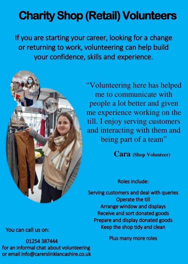 Our #CharityShop plays a key role in raising vital funds for #Carers across #Eastlancs which wouldn’t be possible without volunteers like you.
Do you have spare time, like to give back to the community or gain valuable skills to help develop your CV.
See the poster for details