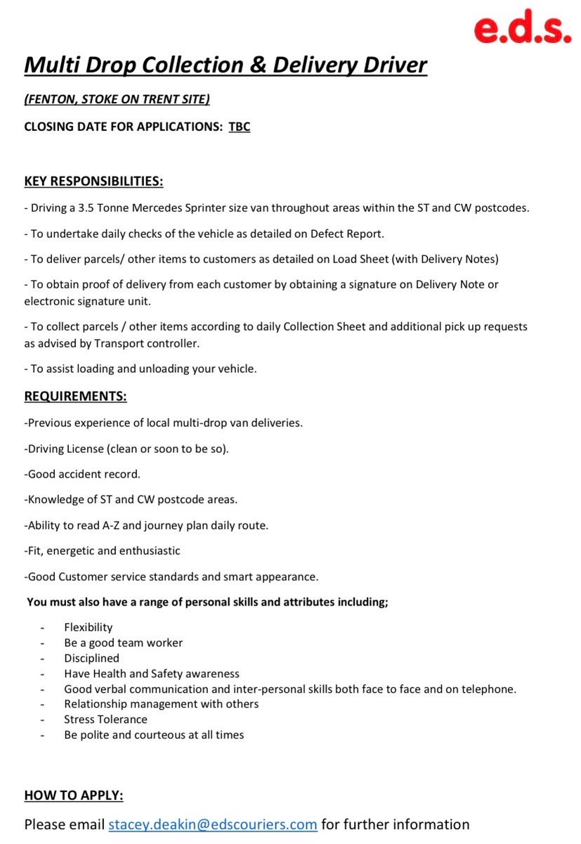 EdsCouriersLtd's tweet photo. 🔔❗CURRENT RECRUITMENT, START DATES ASAP ❗🔔

Multidrop Collection &amp; Delivery Driver @ our Fenton, SoT site.

If you or someone you know may be interested in any of the below vacancies, please contact us directly by emailing stacey.deakin@edscouriers.com for further info! https://t.co/rNBGqpo4Cb