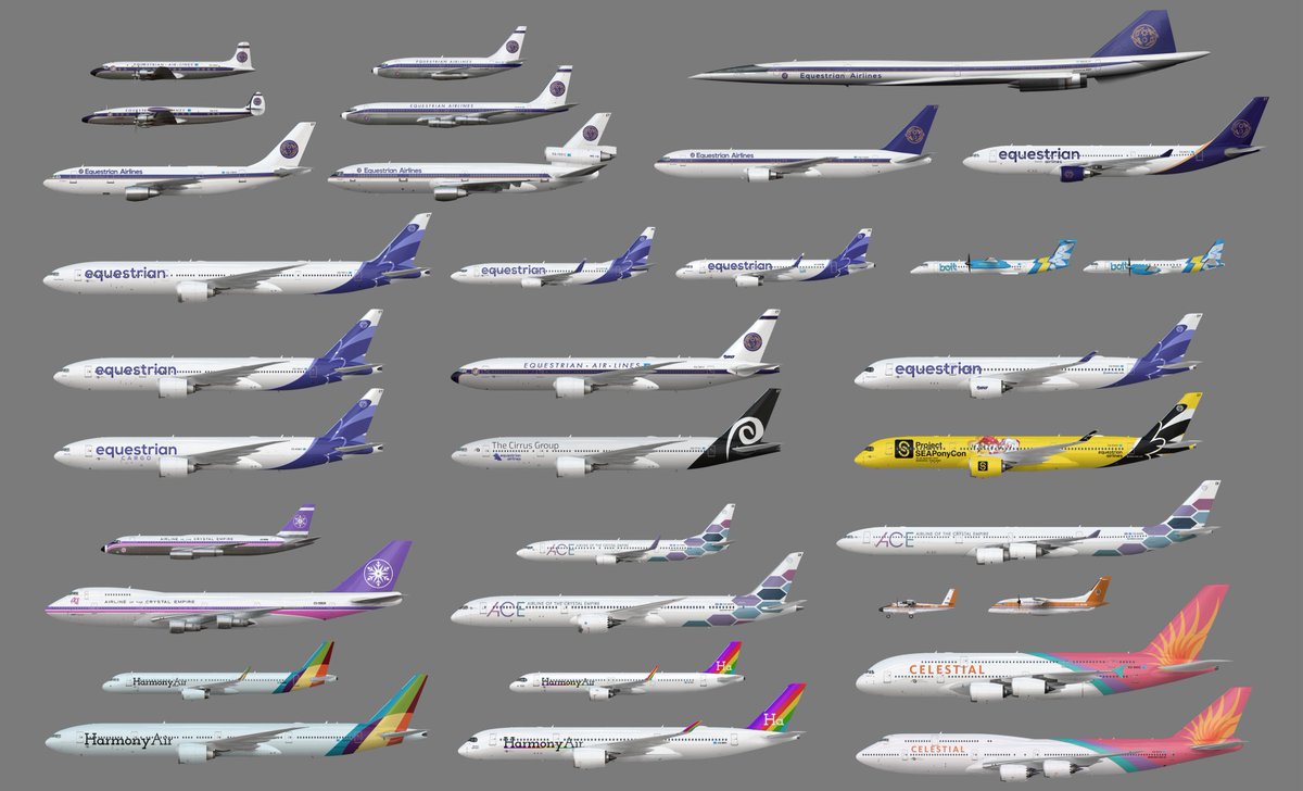 at_buckweiser's tweet photo. Brony/MLP airline liveries (mid-2021)

Designs compiled/edited over the years from myself, @Fennekinesis, @PopFizzelz , @DeloDudeTommy, @StPinkie, @NightieTime, @pandramodo and @PonyrailArtist among others.

Templates from Medviation and @AnotherAirliner https://t.co/P7PaMPGkKD