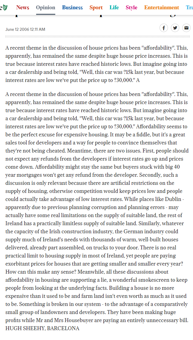 There'll be a bye-election soon in my area. Housing will be one of the main issues. FF and FG seem determined to continue their dreadful approach to housing and hand the country to SF on a plate. If any of them pretends that this is a new problem, it's not. This is from 2006.