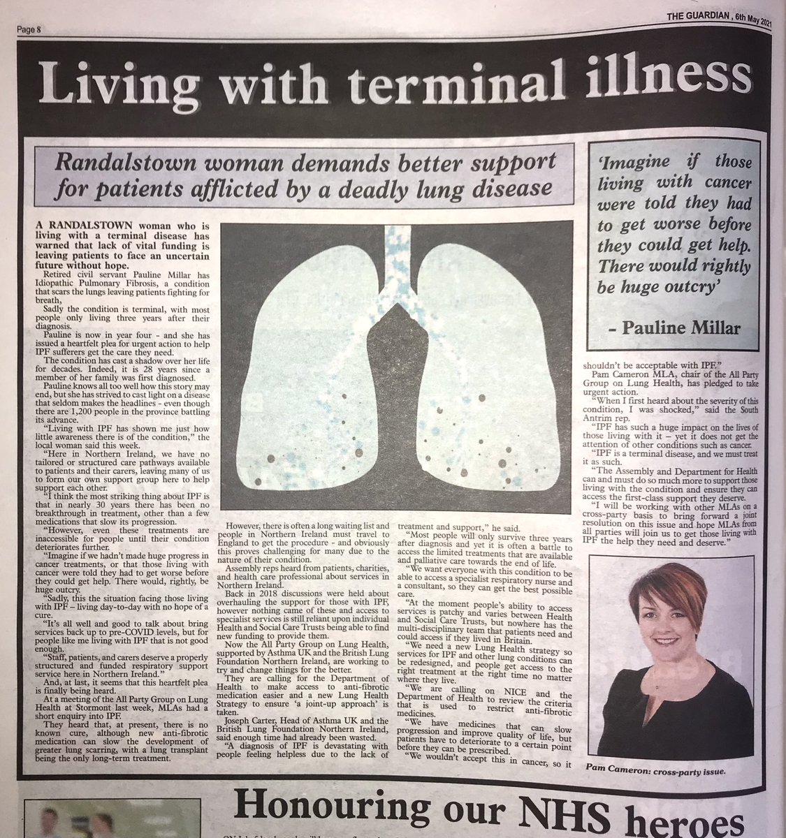 Proud of my friend and Randalstown constituent, Pauline, on her passionate campaigning for those living with Idiopathic Pulmonary Fibrosis.

During recent Assembly motion on terminal illness, I used opportunity to raise awareness of IPF &amp; lack of support.

Progress is needed now.