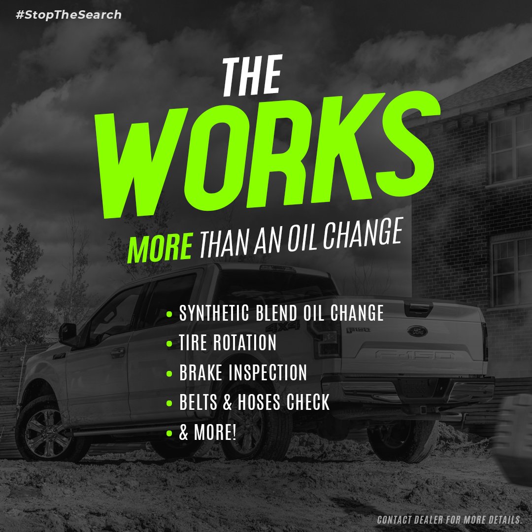 burch_ford's tweet image. Due for an oil change? Why not get The Works? The Works includes a synthetic blend oil change, brake inspection, tire rotation, battery test, filter check, belt/hoses check, &amp;amp; more - all for one low price! Contact us for more details or exclusions. #StopTheSearch #MikeBurch #Ford