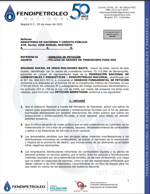 Fendipetroleo's tweet photo. Fendipetróleo Nacional hace solicitud ante el @MinHacienda para activar una póliza que asegure a las Estaciones de Servicio a Nivel nacional que sufran pérdidas totales o parciales provenientes de 
huelgas, asonadas, amotinamientos, conmociones civiles y/o terrorismo. https://t.co/OJ0pim9GmL