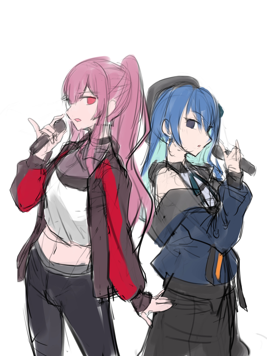 hoshimachi suisei ,mori calliope multiple girls 2girls sketch pink hair microphone jacket holding microphone  illustration images