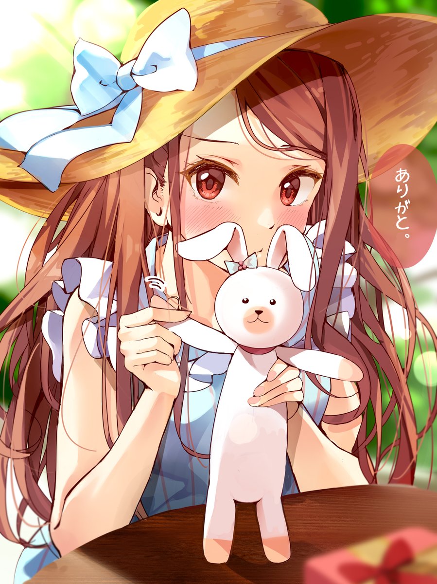 minase iori 1girl stuffed toy hat stuffed bunny stuffed animal long hair brown hair  illustration images