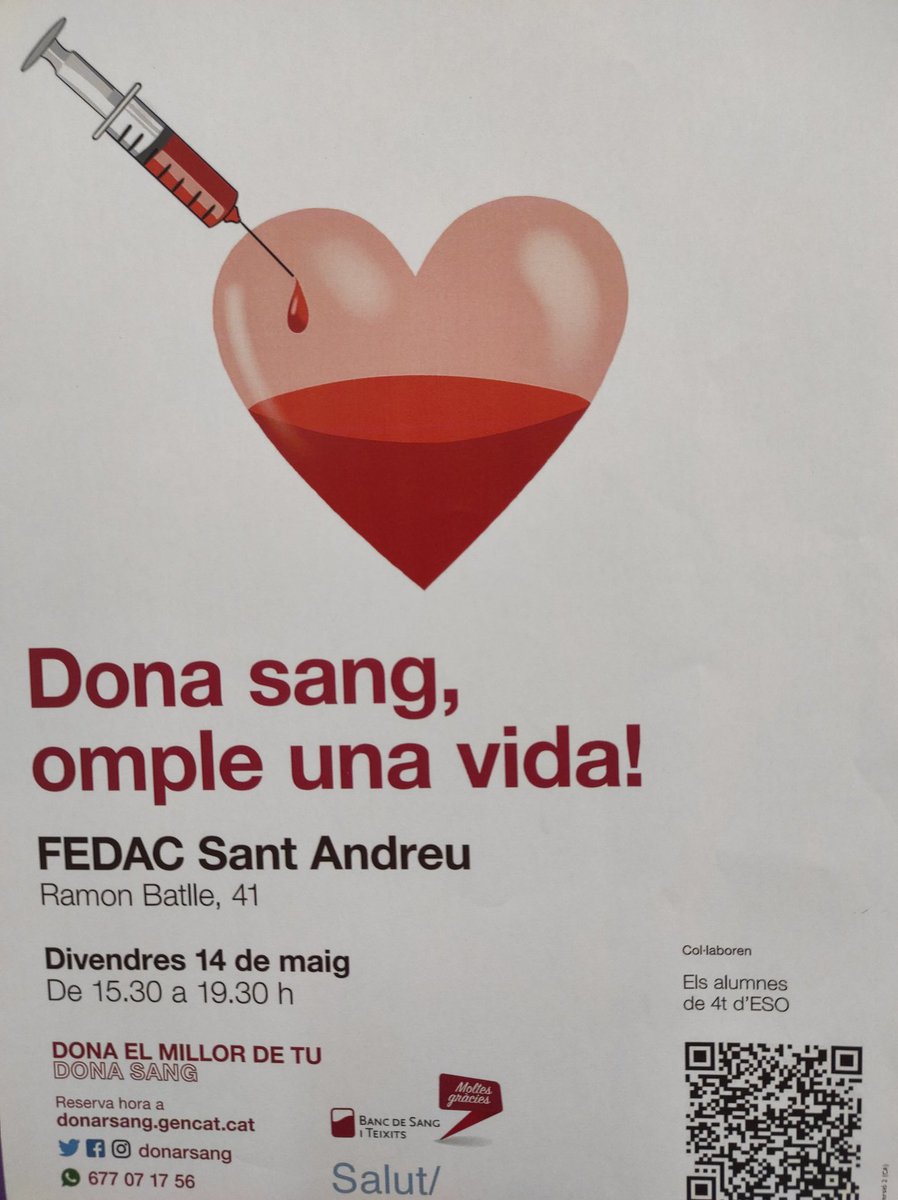 No oblidis demanar hora per donar sang a  <a href="/FEDACSantAndreu/">FEDAC Sant Andreu</a> el divendres 14 de maig! <a href="/donarsang/">Banc de Sang</a> #necessitemsang #Aprenentatgeservei #serveicomunitari <a href="/EscolesFEDAC/">Escoles FEDAC</a>  #santjoandedeu