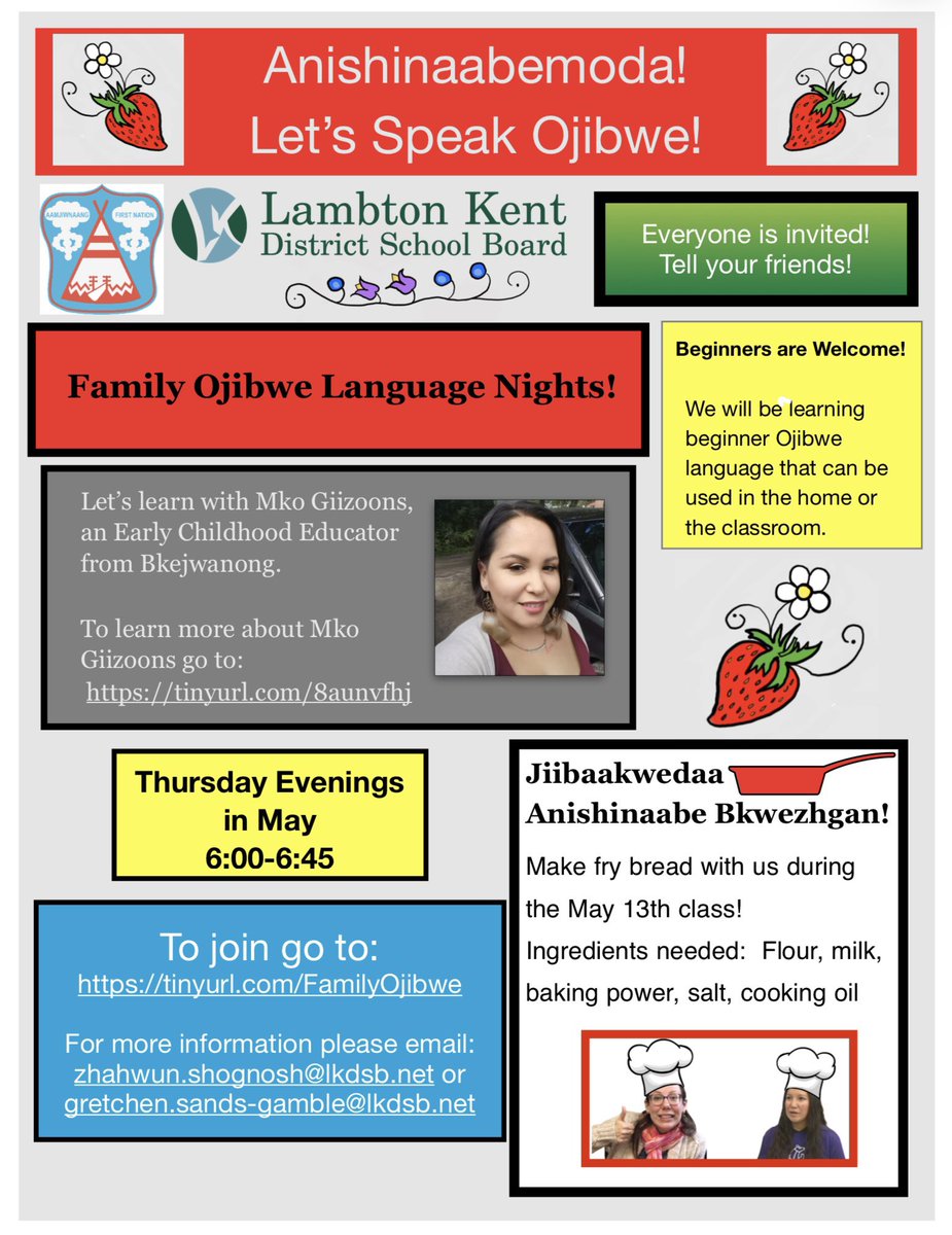GSandsGamble's tweet image. Join us for Ojibwe Language Night through the month of May!  Every Thursday night! Missed the first few nights? It’s okay! 

Get your supplies for Jiibaakwedaa Anishinaabe Bkwezhgan, Let’s Make Anishinaabe Fry Bread on May 13th!
👩‍🍳 🍞 😋 
Tell your friends!  Everyone is welcome!