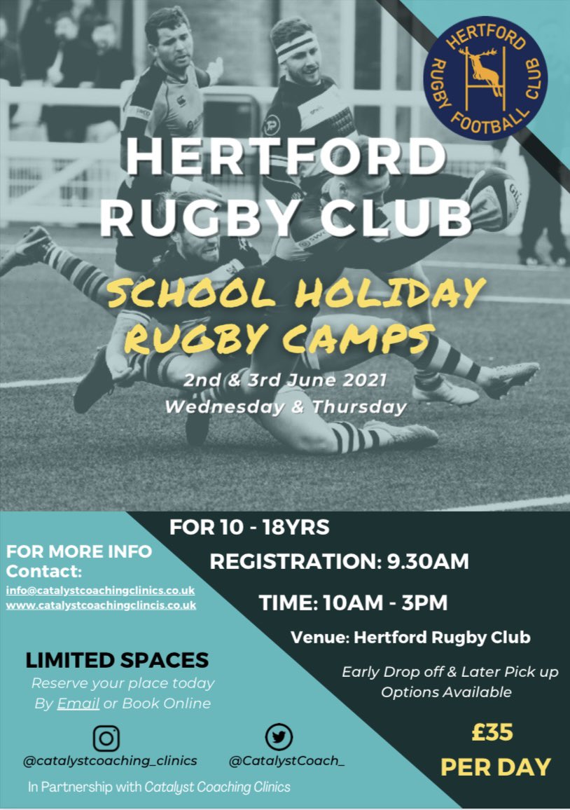 CatalystCoach_'s tweet photo. Book on for our first School holiday camp @hertfordrfc. 

Wednesday 2nd &amp; Thursday 3rd June

2 Day Rugby camp
£35 per day 

Early drop offs and late pick ups available, email for more info. 
Info@catalystcoachingclinics.co.uk

#rugby #rugbycamps #catalystcoaching https://t.co/GoHLmfW2hx