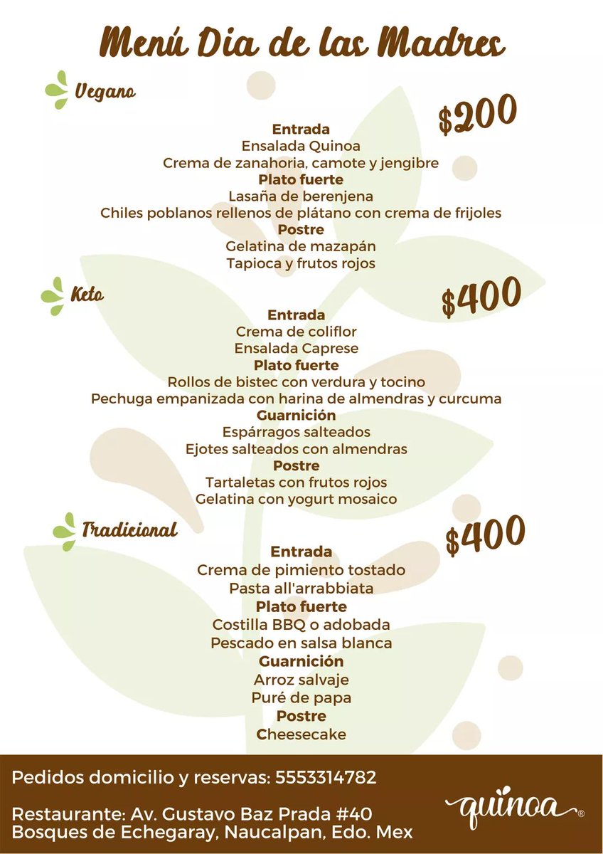 vidaquinoa's tweet photo. MENU DIA DE LAS MADRES 👩‍👧‍👦

Pedidos para domicilio y reservas restaurante +52 555 331 4782
.
.
#VidaQuinoa #healthy #gourmet #diadelamadre #diadelasmadres #menu #menudiadelasmadres #mama #keto #vegan #menuvegano #menuketo https://t.co/T2MF4JvYMf