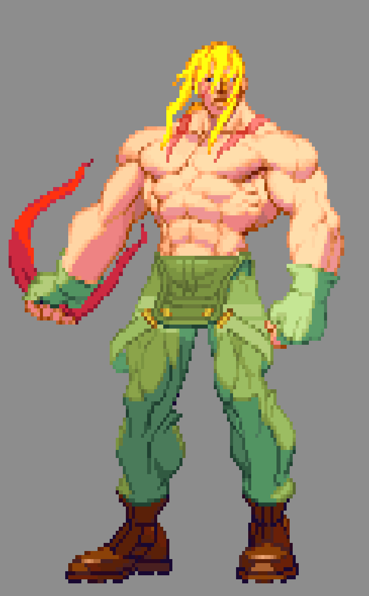 Studying Alex's sprite from SF3. All his frames look great, but this one is unbelievably cool. So much motion and weight in one image. Every frame of this ridiculously well animated game had as much thought put into it as a skillful painting. #SF3  #PixelArt