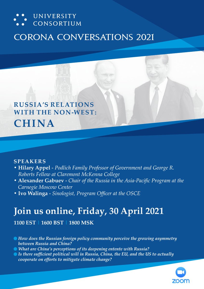 University Consortium (@ucmembers) on Twitter photo The Corona Conversations series is back. Last Friday our network members enjoyed a fascinating discussion about Russia-China relations. Big thank you to all our speakers <a href="/AlexGabuev/">Alexander Gabuev 陳寒士</a>, Hilary Appel and Ivo Walinga. The Corona Conversations series is back. Last Friday our network members enjoyed a fascinating discussion about Russia-China relations. Big thank you to all our speakers <a href="/AlexGabuev/">Alexander Gabuev 陳寒士</a>, Hilary Appel and Ivo Walinga.