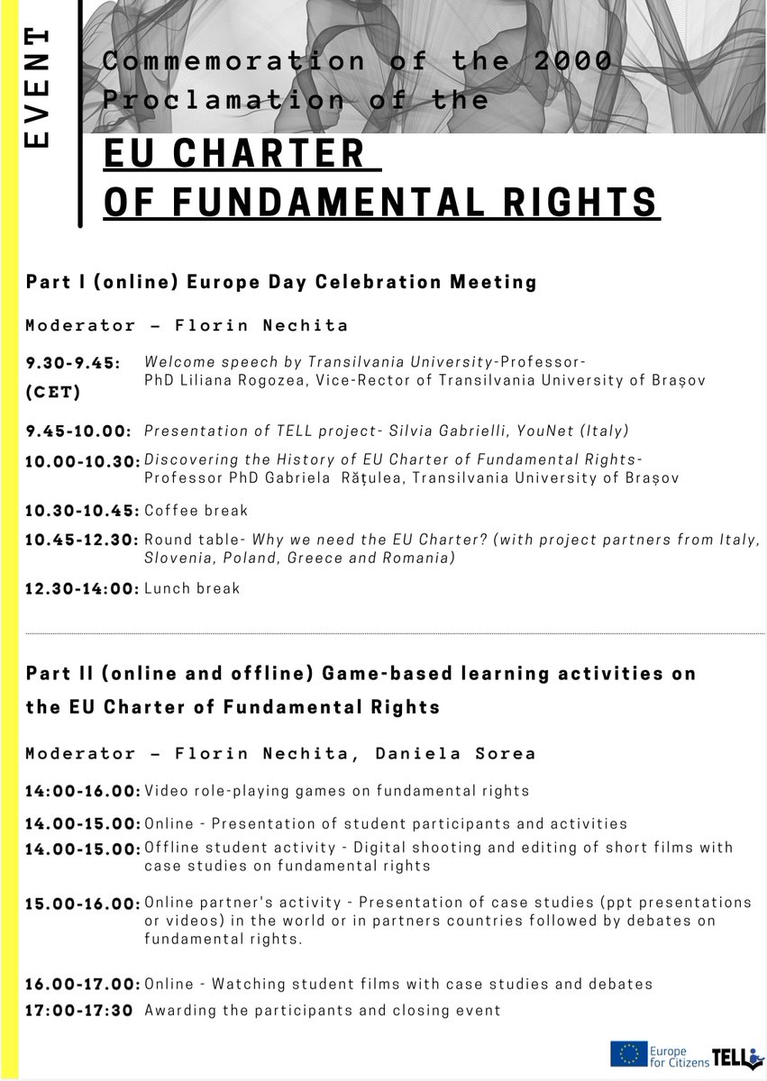 This 9th of May we are celebrating Europe Day with an online Conference opened for everyone, that will be hosted by Transilvania University of Brasov. Join us and learn more about TELL and celebrate Europe Day and the proclamation of the EU Charter of HR with us. #TELL #EuropeDay