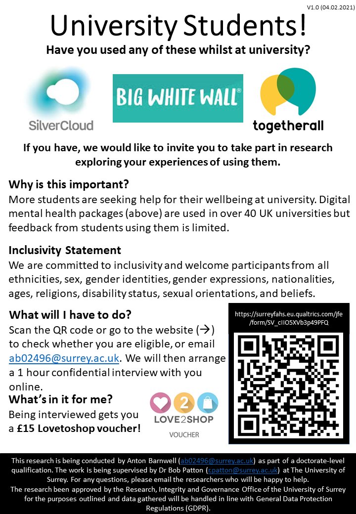 Dr Anton Barnwell (@antonpsych) on Twitter photo Uni students! Have you used digital mental health packages at university? We're still recruiting and you get a £15 voucher for taking part! Read more here: surreyfahs.eu.qualtrics.com/jfe/form/SV_cI… and email ab02496@surrey.ac.uk to get involved!
And do check your email/junk box for my reply 😀 Uni students! Have you used digital mental health packages at university? We're still recruiting and you get a £15 voucher for taking part! Read more here: surreyfahs.eu.qualtrics.com/jfe/form/SV_cI… and email ab02496@surrey.ac.uk to get involved!
And do check your email/junk box for my reply 😀
