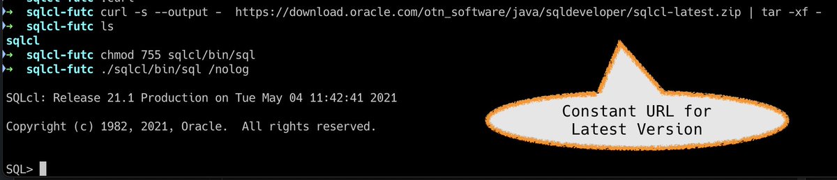 krisrice's tweet image. Doesn't get easier than this. @oraclesqlcl just changed to no-click-thru license required. I learned today TAR can unzip from stdin where unzip can not. Blog coming later....