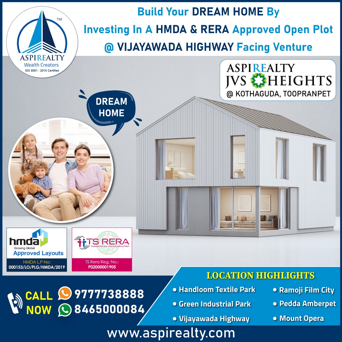 Invest In A #HMDA And #RERA Approved #OpenPlot At #VijayawadaHighway Facing Venture
Contact us on: 9777738888 WA:8465000084
aspirealty.com, info@aspirealty.com
#Aspirealty #WealthCreators #HMDA #JvsHeights #Kothaguda #Toopranpet #VijayawadaHighwayPlots #HighwayProperty