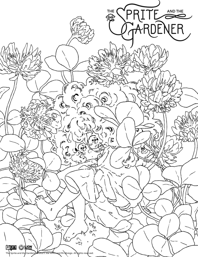 The Sprite and the Gardener, the all-ages graphic novel that @joeobligations and I made, hits bookstores in a week (preorder info is in my pinned), so I wanted to share these coloring pages to celebrate! If you color any of them, I'd love to see!! (download info below!) 