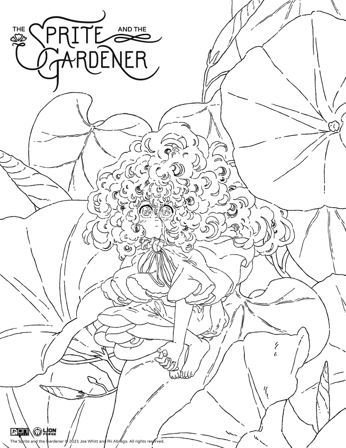 The Sprite and the Gardener, the all-ages graphic novel that @joeobligations and I made, hits bookstores in a week (preorder info is in my pinned), so I wanted to share these coloring pages to celebrate! If you color any of them, I'd love to see!! (download info below!) 