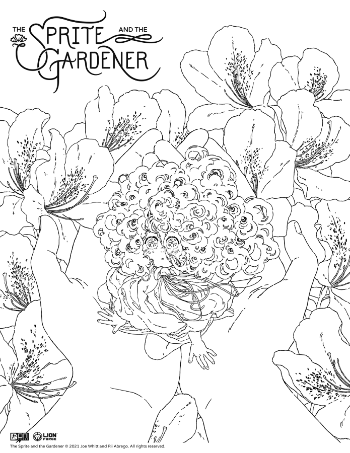 The Sprite and the Gardener, the all-ages graphic novel that @joeobligations and I made, hits bookstores in a week (preorder info is in my pinned), so I wanted to share these coloring pages to celebrate! If you color any of them, I'd love to see!! (download info below!) 