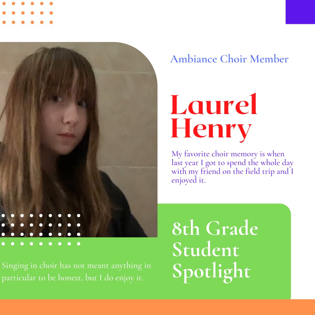 steamgddschoir's tweet photo. Today’s 8th grade spotlight is Laurel Henry. Laurel is a 2 year choir member of Ambiance. She is focused, dedicated, and a hard worker. Thank you for singing with us!
#steamrealmchoirs #burlesonisdfinearts #realmrocks #itstartsinthearts https://t.co/CuCb8bCIHE