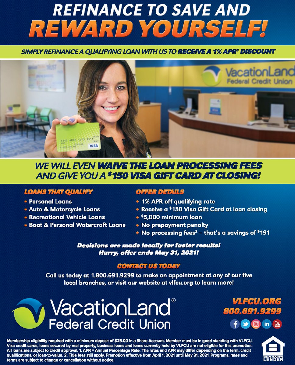 An existing loan have you in a tight spot? @VacationLandFCU can help w/ our refinance special! If you qualify, you could receive a 1% APR discount off your qualifying rate, thru 5/31/21. You'll also earn a $150 Visa gift card at closing! More: bit.ly/3btEs7Y #Sponsor