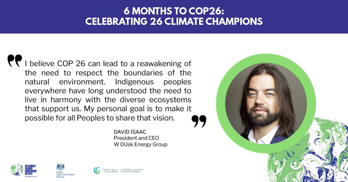 As we look ahead to COP26, I’m so honoured to have been named as a 🇨🇦 #ClimateChampion by @UKinCanada & @CanClimateLaw for my work to help build a #netzero future.

#climatechange #cdnpoli #canada #mikmaq #science #environment #energy #renewableenergy #smartcommunities #COP26