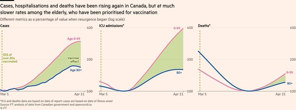 Canada’s third wave has been much more muted among the elderly, who were prioritised for vaccination.Cases and ICU admissions rose much more slowly, and began falling earlier. Deaths have also climbed much slower among the elderly.