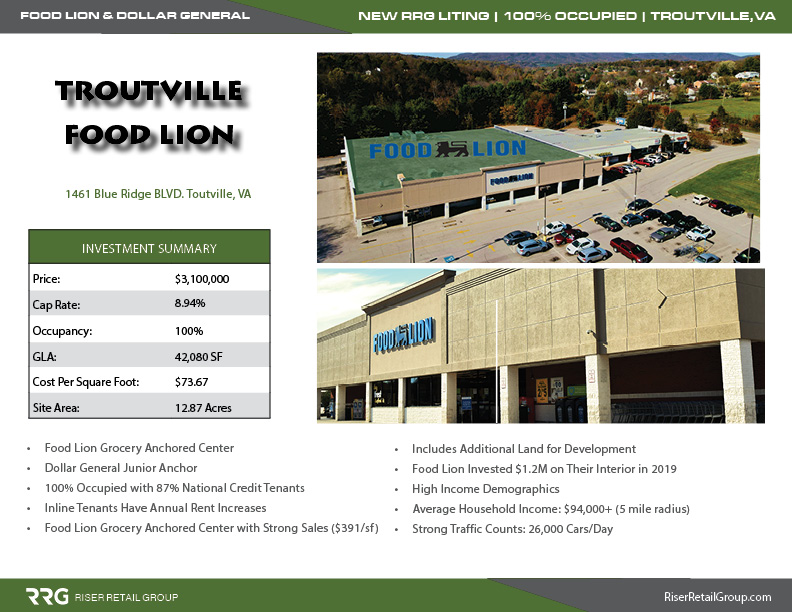 RiserRetail's tweet image. New RRG Listing | Troutville Food Lion | Food Lion &amp;amp; Dollar General Center | Troutville, VA
#commercialrealestate #realestate #cre #realestateinvestor #investment #retail #investmentproperty #cashflow #Foodlion #Dollargeneral