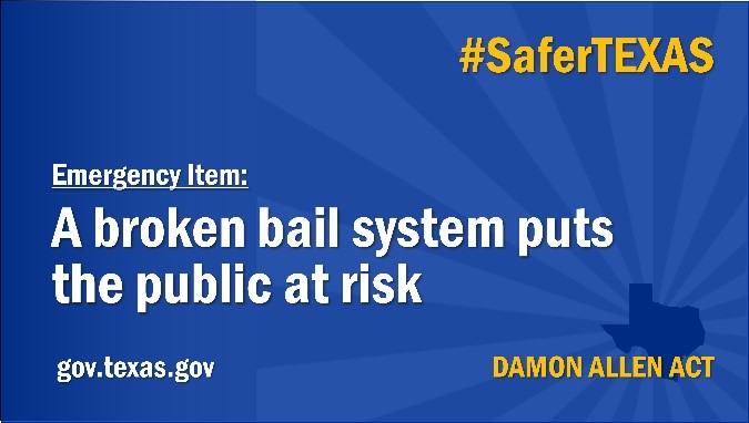 GovAbbottPress's tweet photo. The Damon Allen Act – which just passed the Texas House – will reform our broken bail system & keep dangerous criminals off our streets.
Thank you to Reps. Andrew Murr and @KyleKacal for authoring this important legislation. #SaferTexas https://t.co/tRjDdVxgLm