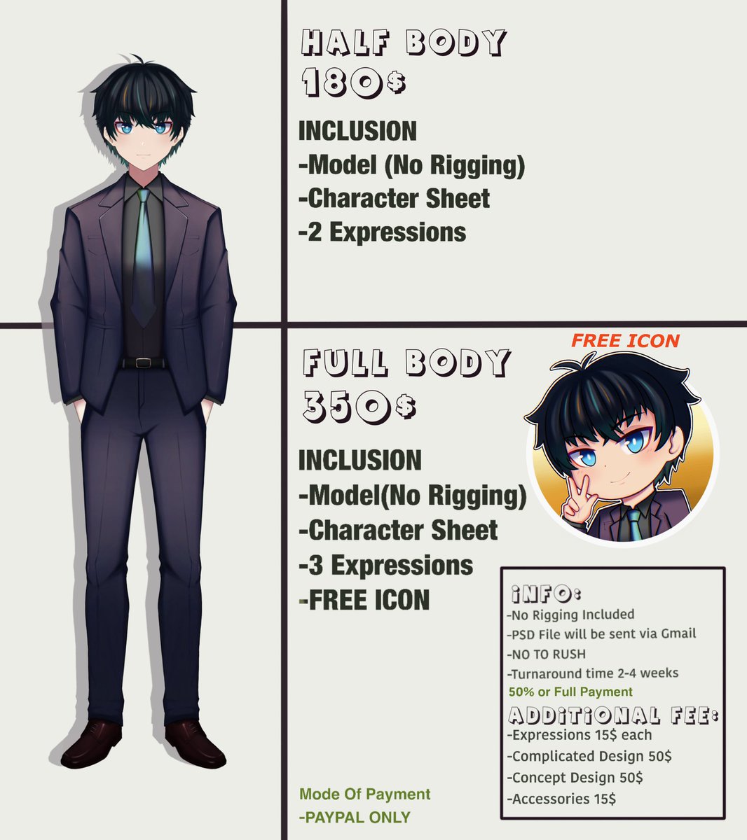 B0ssManZ's tweet photo. REPOST‼️ HEY HEY HEY it me BOSMAN posting my 2D Model COMSHEET again 🥲
I'LL HAVE 2 SLOTS OPEN 
(Please Help me buy PC) 🙏
FOR FULLBODY✨FREE ICON/EMOTE✨
(Rtwts are very much appreciated )
ALSO OPEN FOR 
✨BUST SHOT ILLUSTRATION 
#Vtuber 
#ENVtuber 
#2Dlivemodel
#Commission https://t.co/dq9iTRgRjO