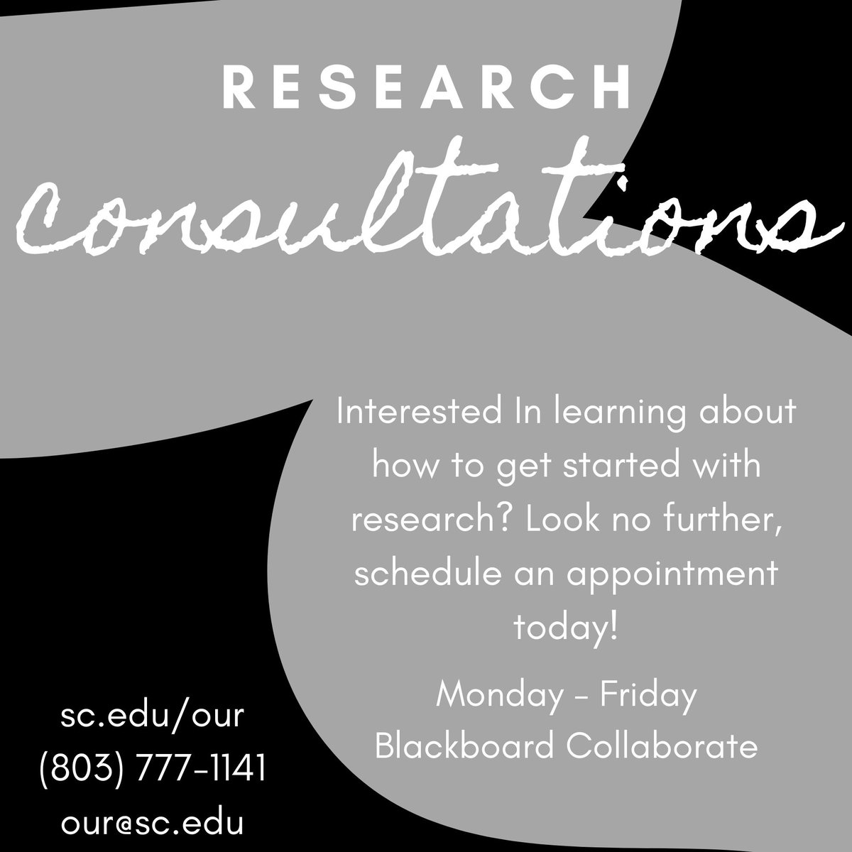 The Office of Undergraduate Research is still offering individual research consultations over the summer. We are excited to work with our students and help them get started in research! 

sc.edu/our | our@sc.edu | (803) 777-1141