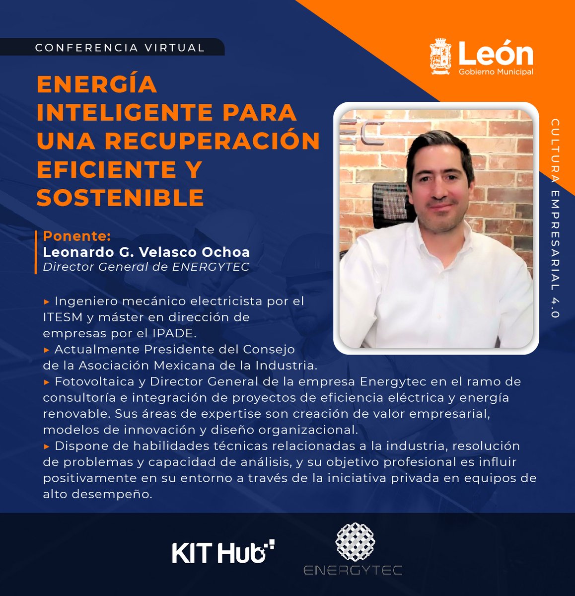 Innovacion_Leon's tweet image. Este jueves a las 9:00 en punto te invitamos a la conferencia virtual "Energía Inteligente para una recuperación eficiente y sostenible" impartida por el Director General de ENERGYTEC, Leonardo G. Velasco. 

No te la pierdas, regístrate en:
forms.gle/QgepFXScCW23mm…