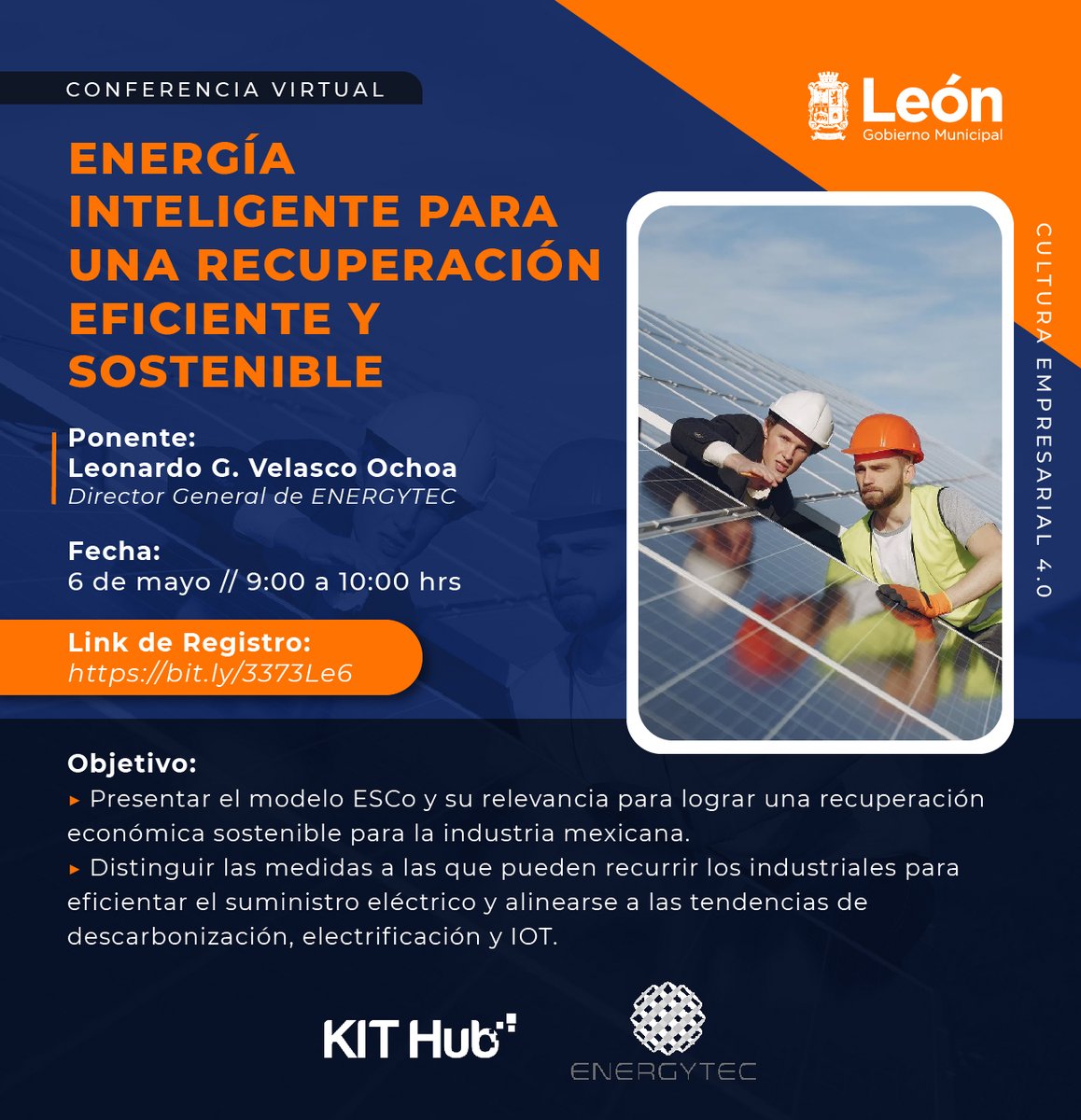 Innovacion_Leon's tweet image. Este jueves a las 9:00 en punto te invitamos a la conferencia virtual "Energía Inteligente para una recuperación eficiente y sostenible" impartida por el Director General de ENERGYTEC, Leonardo G. Velasco. 

No te la pierdas, regístrate en:
forms.gle/QgepFXScCW23mm…