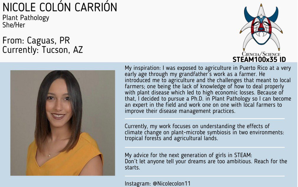 ¡Wepa! ¡Feliz Martes!🎉
Conozcan a la cagueña Nicole Colón Carrión. Movida por su interés en ayudar a los agricultores locales, Nicole actualmente está en vías de completar su Ph.D. en patología de las plantas. ¡Adelante, Nicole! 🎉🇵🇷💪🏼
#PRWomenInSTEAM