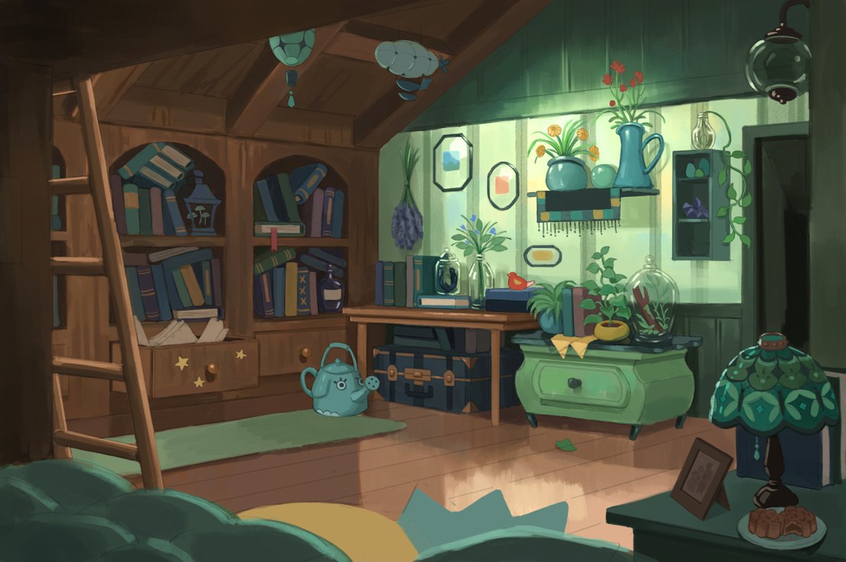 a green lil attic room