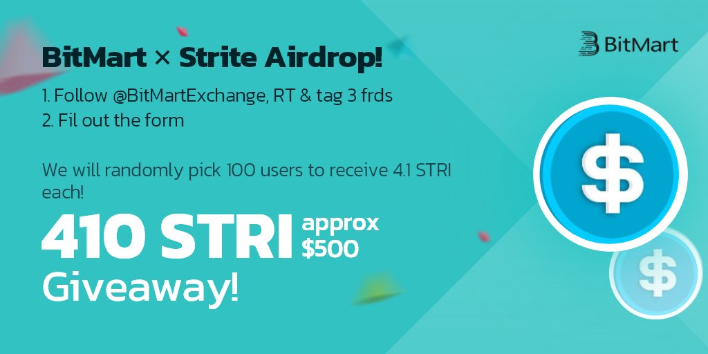 🎉To celebrate <a href="/StriteNFT/">Strite</a> listing, we’re giving away 410 STRI !
 
1⃣Follow <a href="/BitMartExchange/">BitMart</a>, RT and tag 3 frds
2⃣Fill out: forms.gle/29itTa5d5Vm7ro… 
 
✨100 lucky winners to receive 4.1 STRI each !
⏰ Enter by 11:59 PM EDT May 6