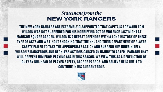 theScore's tweet image. The Rangers weigh in on the $5K fine the NHL handed out to the Capitals' Tom Wilson. 😳

(via @NYRangers)