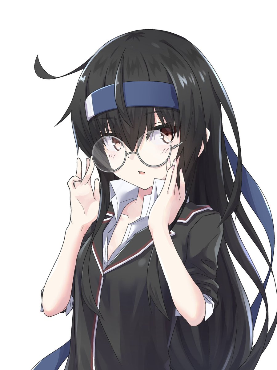 hatsushimo (kancolle) 1girl solo black hair long hair glasses simple background white background  illustration images